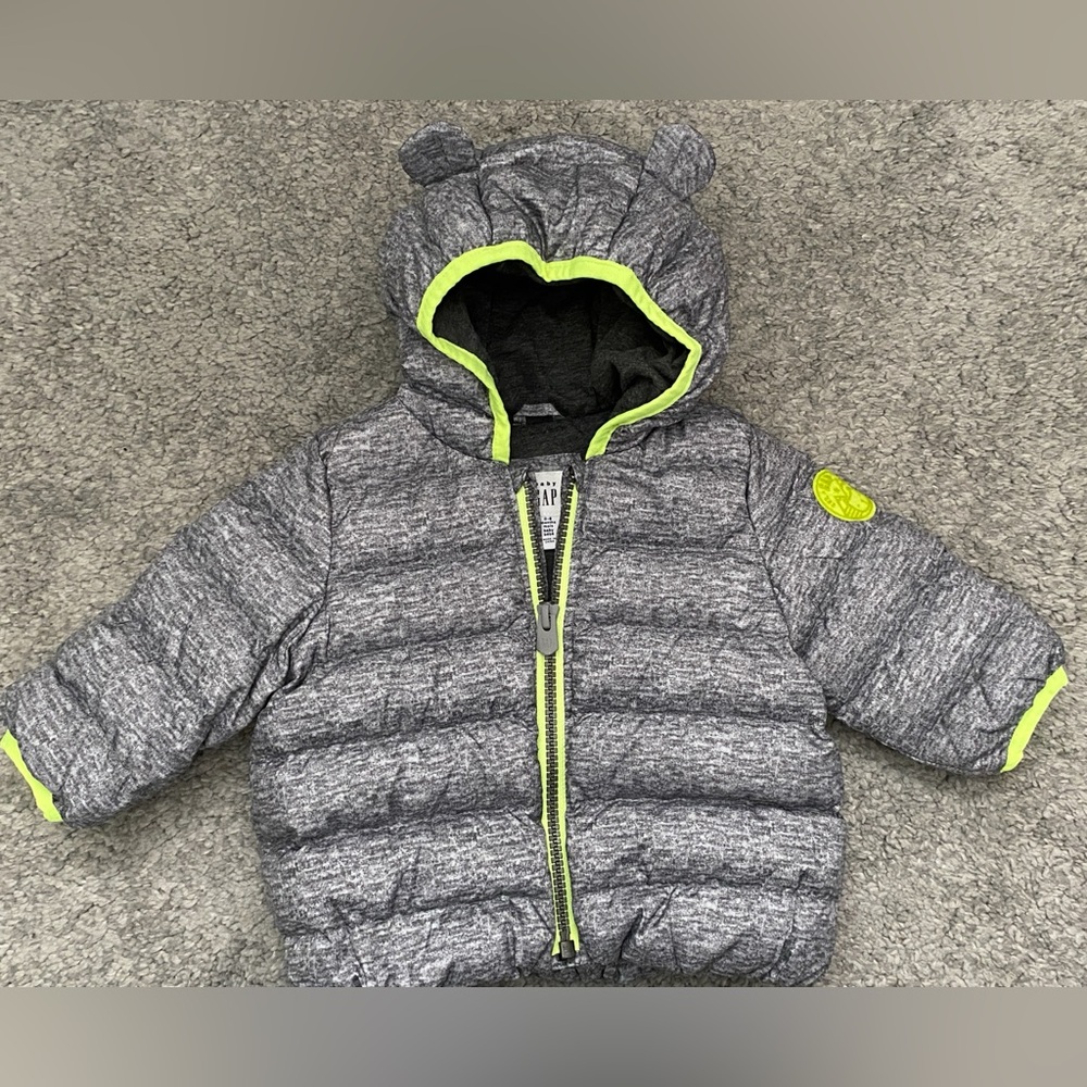 Baby GAP grey and neon puffer jacket size 0-6 months